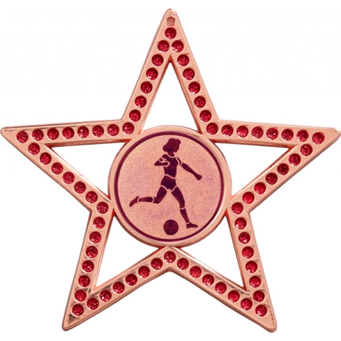 75MM FEMALE FOOTBALL STAR MEDAL - RED- BRONZE